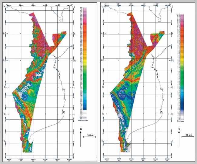 RADIOMETRIC DATA AND MAPS Geophysical maps and petrophysical data of Mozambique In general, the radiometric data are noisy and strongly dampened by overburden, especially in wetland areas; over