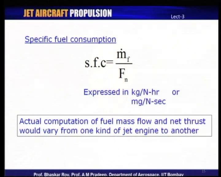 Simply put the specific fuel consumption is defined in terms of simply the mass flow that is of the fuel that is actually put into the engine divided by the net thrust.