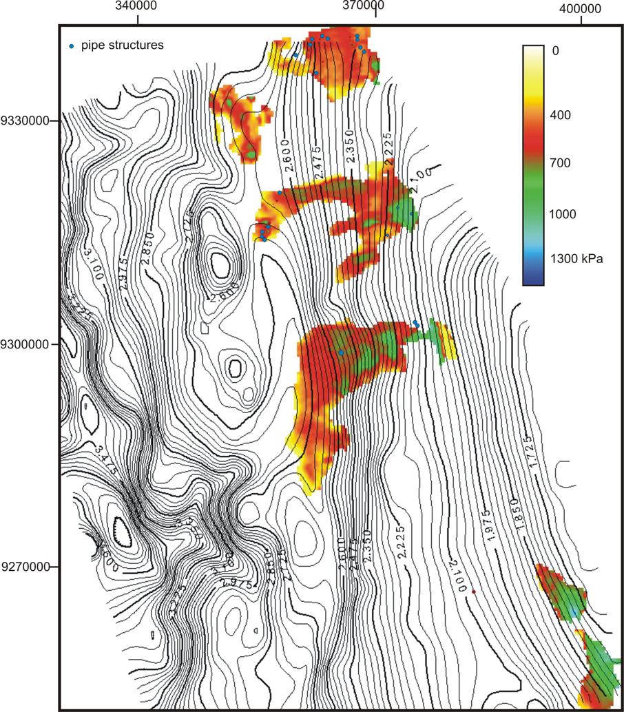 Fig. 3 h Fig. 2: Overpressure map of the study area offshore Angola showing the magnitude of overpressure under the BSR as derived from the free gas distribution under the Gas hydrate stability zone.