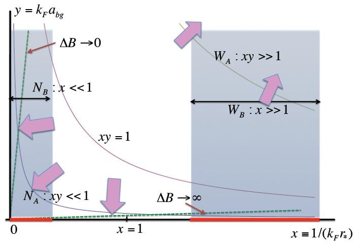 FIG. 1. Wide and narrow resonances in the space ((k F r ) 1, k F a bg ): W A and N A are the regions above and below the curve xy = 1 respectively. W B and N B are the regions where x 1 and x 1.