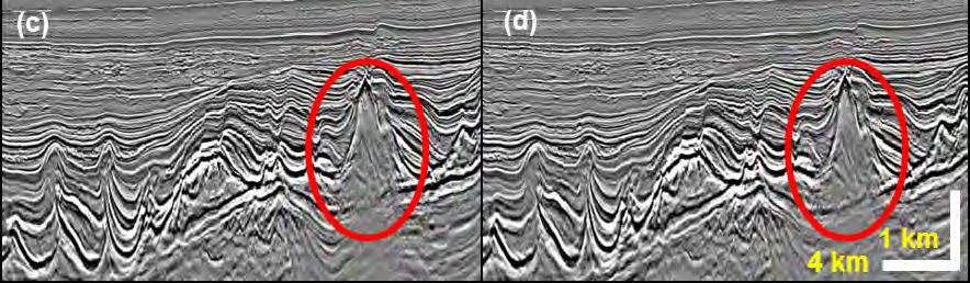 Focussing on the shallow section first, by comparing the stack (panel 4a) with the velocity model overlay (panel 4b), it is possible to identify the shallow bright amplitude packets in the image
