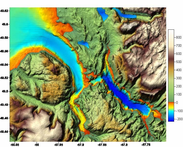 Figure 1: Bathymetry and topography of the Bonne Bay region.
