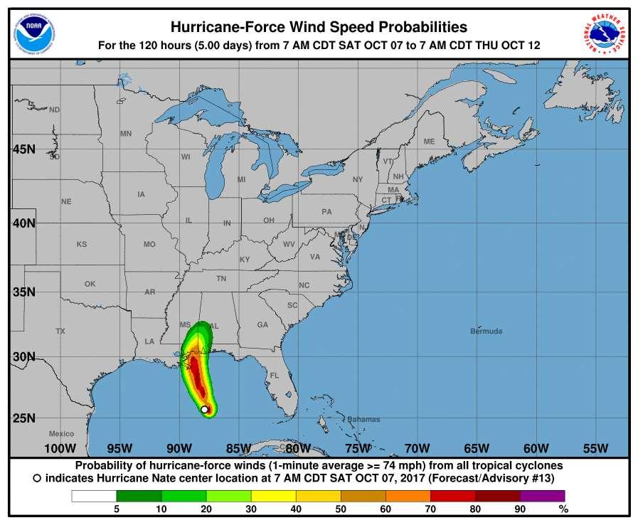 Wind Speed Probabilities There probability of hurricane force winds continues to increase across the local area The