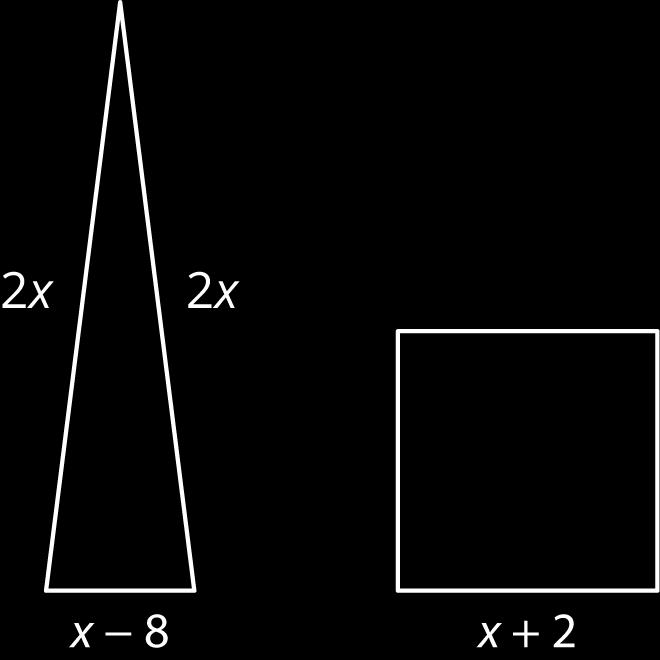 Unit 4, Lesson 6: Strategic Solving Let's solve linear equations like a boss. 6.1: Equal Perimeters The triangle and the square have equal perimeters. 1. Find the value of. 2.