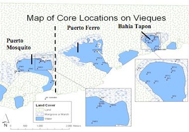 Figure 1C. Sediment coring locations in Puerto Mosquito, Puerto Ferro, and Bahia Tapon from the 2006 Keck Geology program.
