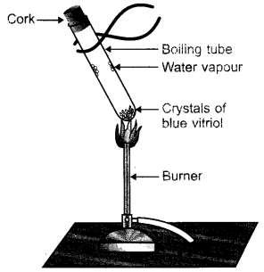 Materials Required: CuS04.5H20 (Blue vitriol), boiling tube, burner, cork, delivery tube, test tube, clamp stand. Procedure: 1. Take 2g of CuS04.5H20 in a boiling tube fitted in a clamp stand. 2. Observe its colour.