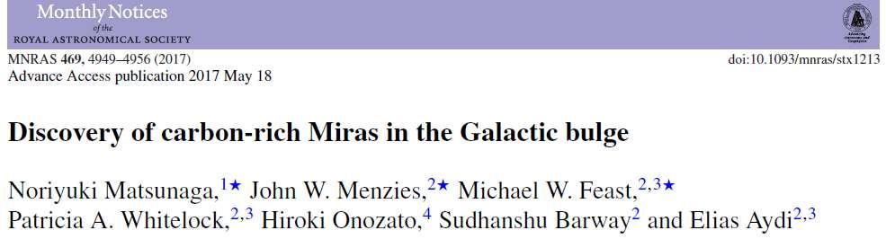 The origin of C-rich Miras It is unclear how these C-rich Miras were formed. Intermediate-age stars (around 0.5 3 Gyr)?? Old objects evolved from stellar mergers?
