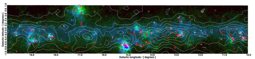 Zooming into ATLASGAL RGB: 870µm, 24µm, 8µm, contours CO from Dame et al.
