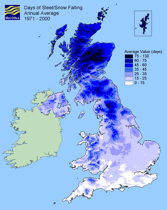 Snow The average number of days in a year on which snow is observed to fall increases with latitude and height above mean sea level.