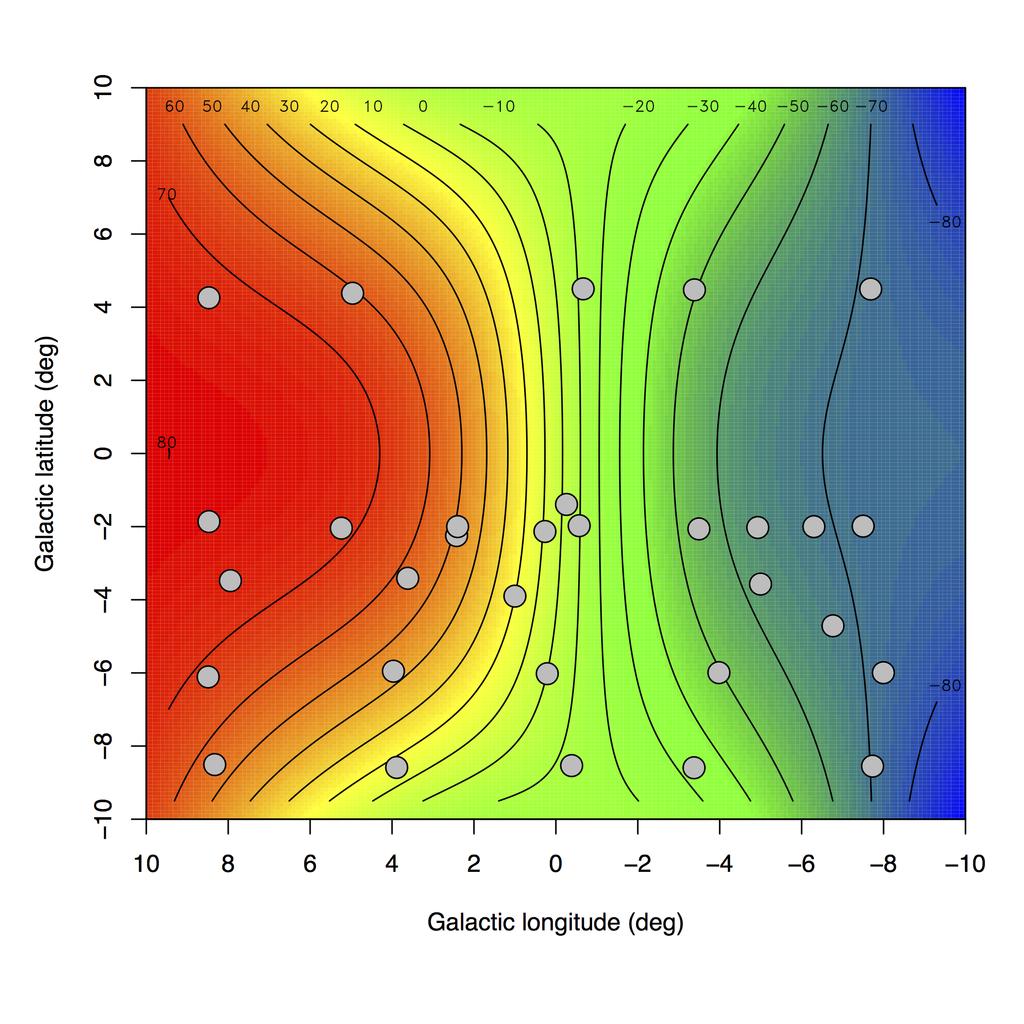 A&A proofs: manuscript no. ms_v2 Fig. 10. Mean radial velocity surface in the longitude-latitude plane constructed from the measured rotation profiles at negative latitudes.