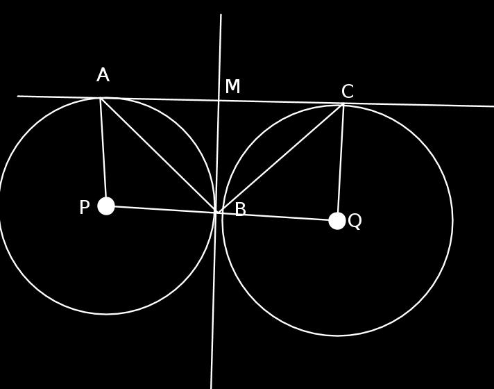 AC and BM are common tangents to the circles a) Prove that M is the midpoint of AC b) prove that triangle ABC is right angled. Mark 4 a ) AM and MB are tangents and therefore equal.