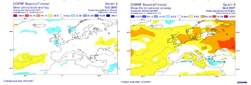 Figure 12 Forecasted anomalies by ECMWF for May-July 2007. Left: mean precipitation, and right: temperature (from RIZA, 2007).