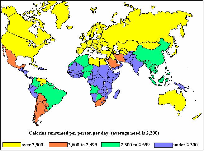 17. HUNGER AND PLENTY The map shows average daily calorie intakes in different countries.