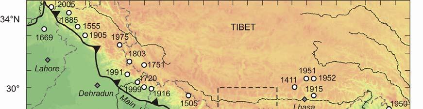 Figure 1. a, Map showing the Main Himalayan Thrust (MHT) and the significant earthquakes (modified from Rajendran and Rajendran 9 ).