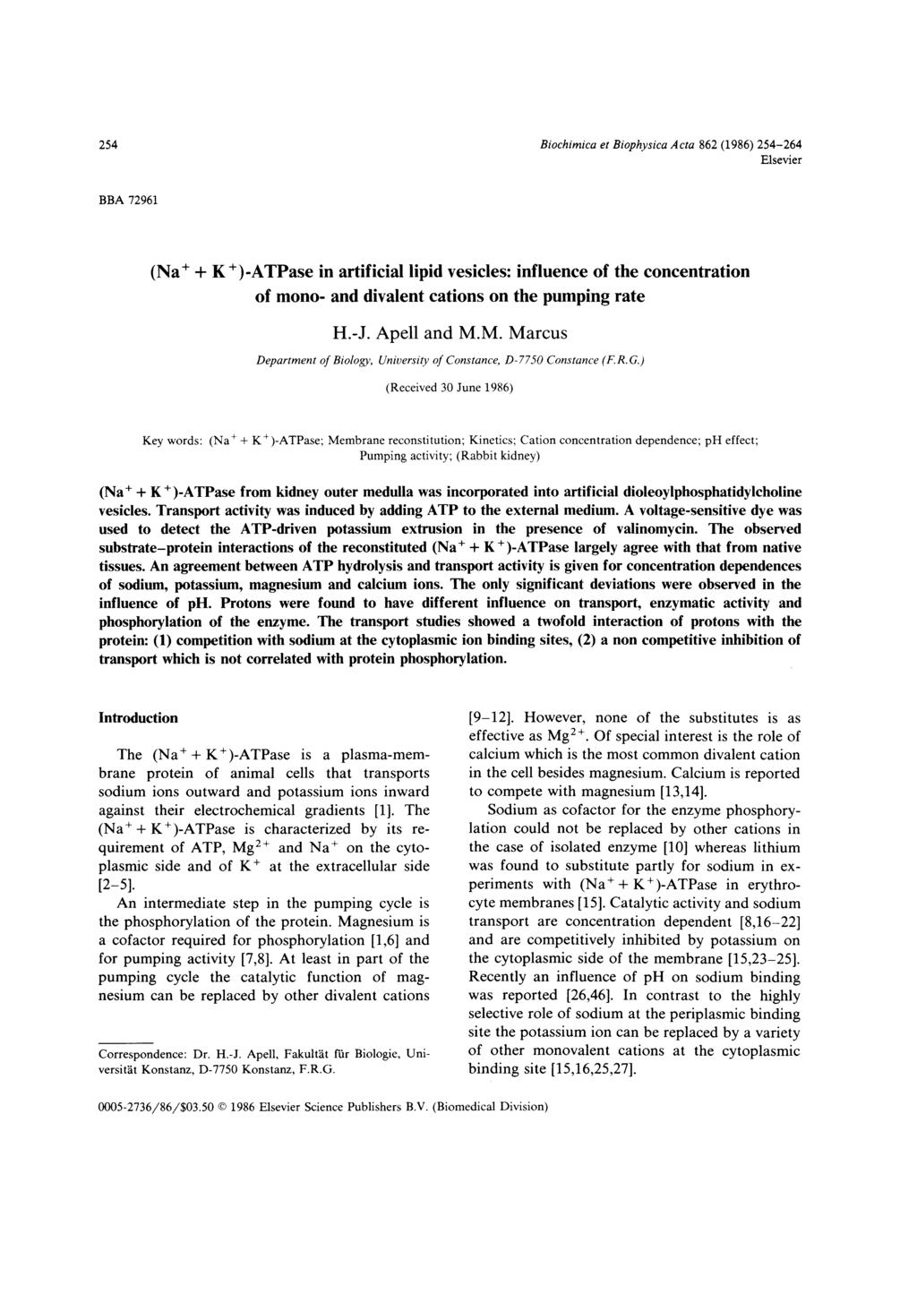 254 Biochimica et Biophysica Acta 862 (1986) 254-264 Elsevier BBA 72961 (Na++ K +)-ATPase in artificial lipid vesicles: influence of the concentration of mono- and divalent cations on the pumping