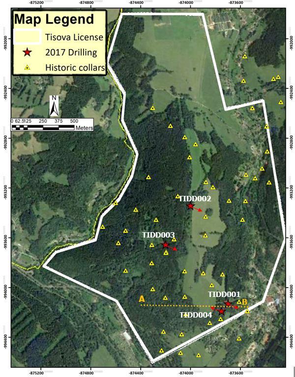 Figure 1 Tisová licence outline with drill hole location plan on Google Earth imagery (collars from current drilling program highlighted).