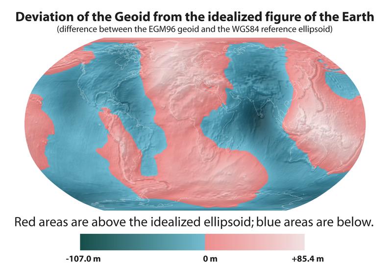 Differences between the EGM96 geoid and the WGS84 ellipsoid Figure : The line that separates pink and blue corresponds to the