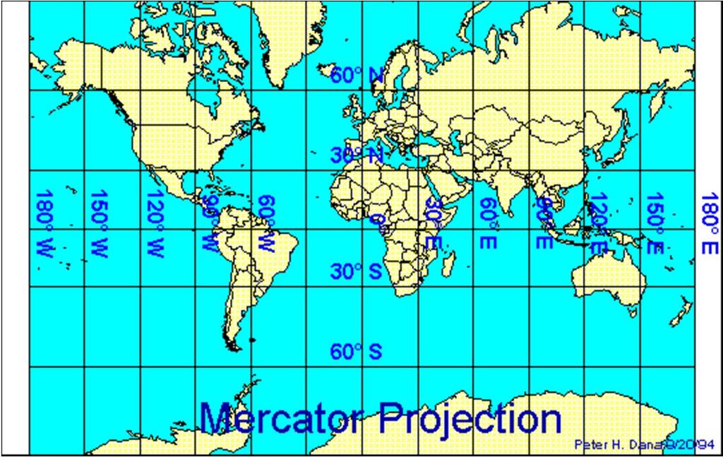 Mercator Projection Straight meridians and parallels that intersect at right angles Scale is true at