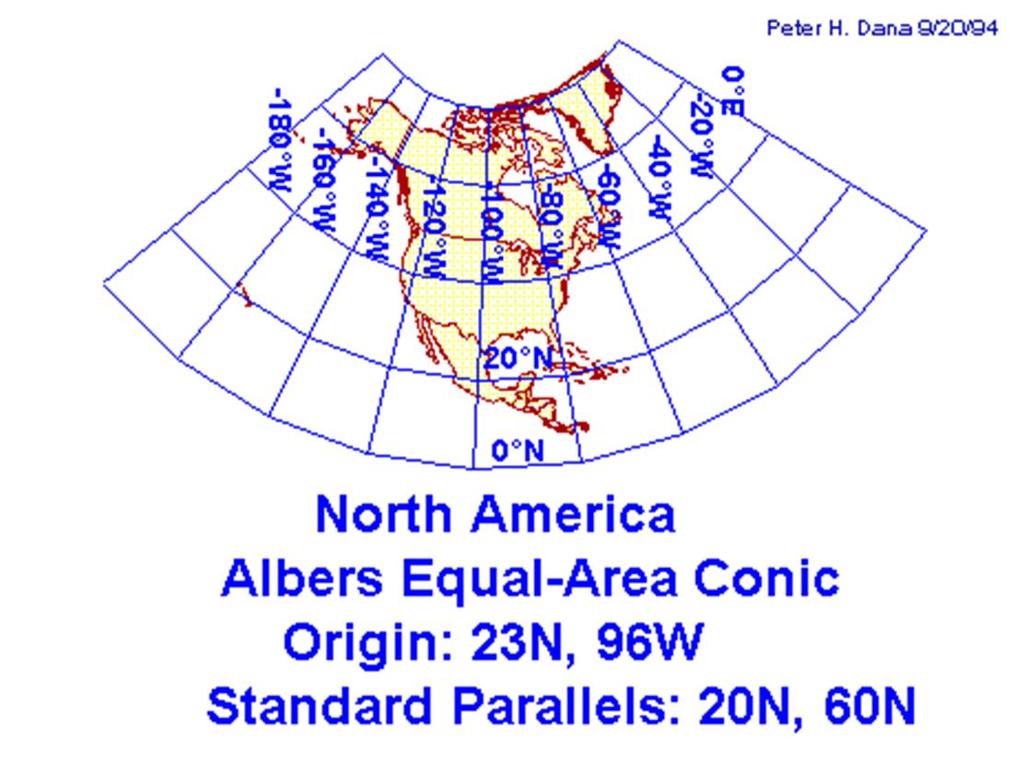 Albers Equal Area Conic Projection Distorts scale and distance except along