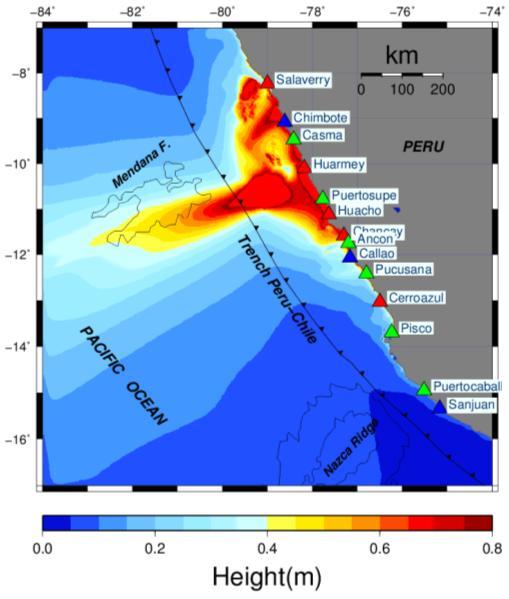 Tsunami Arrival Time (min) For the 1966 event, between Salaverry (8.5 S) and Callao (11.5 S), the maximum tsunami height of 1.1-1.