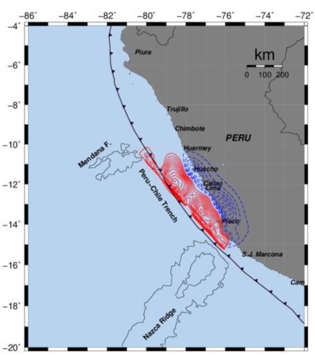 Callao or the cases of Mw=9.0 with the one of 9.8 m at Callao. For these two scenarios, the maximum tsunami height more than 3 m can be shown between Huarmey to Cerro Azul stations. 4.