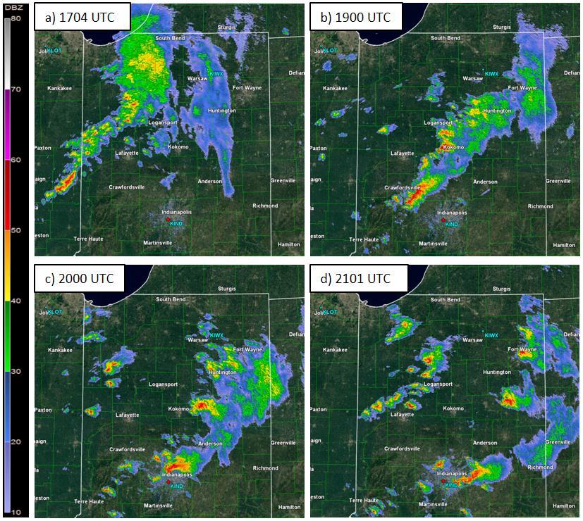 Figure 3: Indianapolis, IN (KIND), WSR-88D radar reflectivity at (a) 1704, (b) 1900, (c) 2000, and
