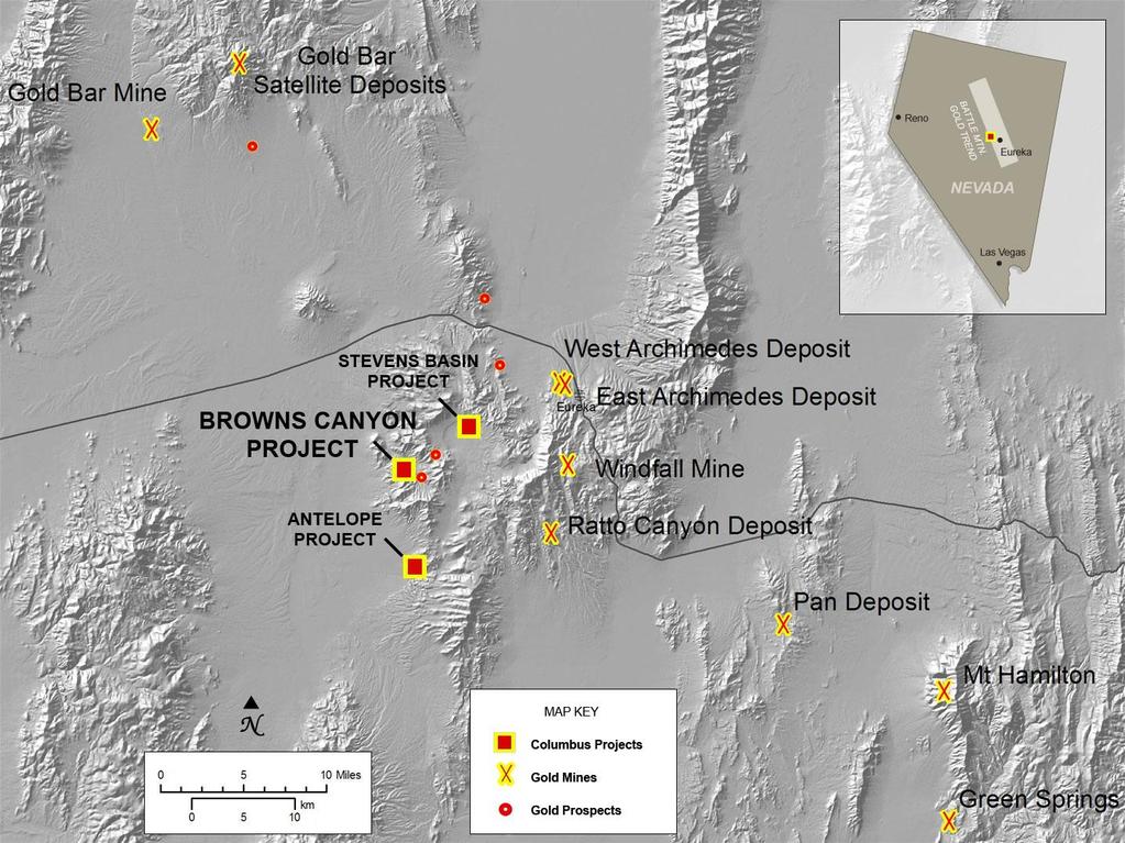 BROWNS CANYON Recent sampling yielded gold values up to 3 g/t along a zone of silicification, sparsely exposed through cover, with a strike length of 2,000 meters.