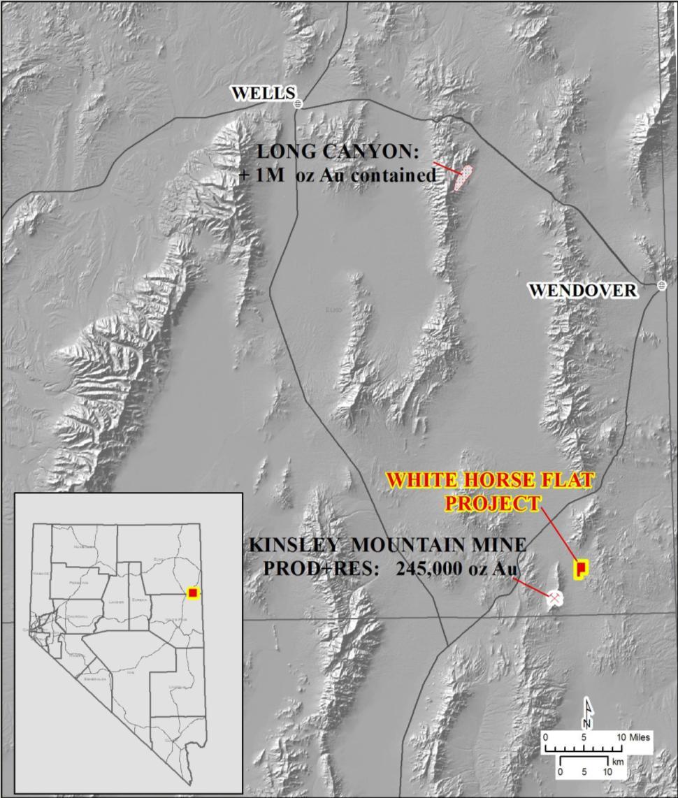 WHITE HORSE FLATS Silicification forms a belt with common liesegang banding and widespread anomalous gold (from 30 to 1,817 ppb), associated with anomalous arsenic, antimony, and mercury.