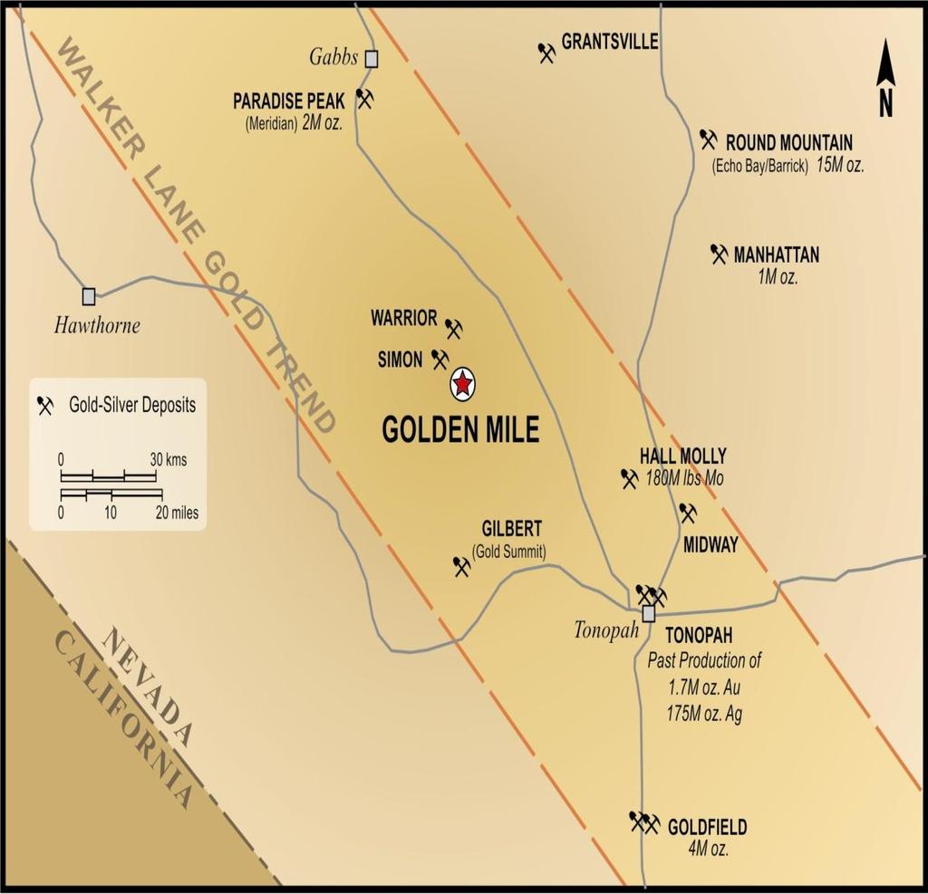 GOLDEN MILE Walker Lane Gold Trend. Past production of 10,000 tons grading 1.9 g/t Au in the 1930 s.