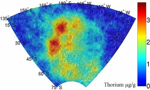 GARRICK-BETHELL AND ZUBER: INDIGENOUS THORIUM IN SOUTH POLE AITKEN Figure 1. Map of thorium content in the South Pole- Aitken basin, in mg/g. being slightly higher, peaking at 3.8 mg/g.