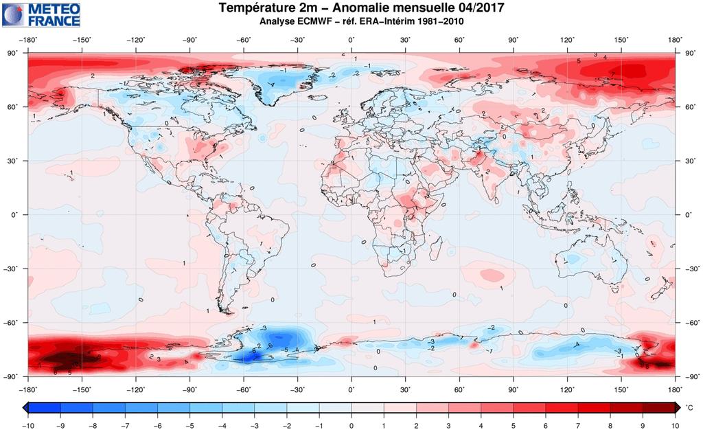 3. Temperature anomalies Global Globally, April 2017 was +0.51 C warmer than the 1981-2010 normal. That is the second highest value behind 2016. (https://climate.copernicus.