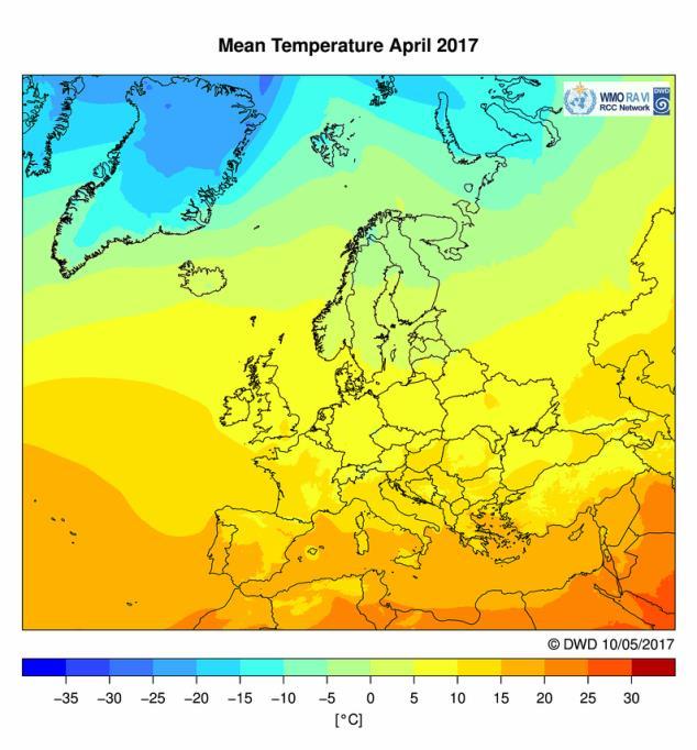 Europe / RA VI Monthly mean temperature in the lowlands in April 2017 ranged from around 9 C in the north to around 21 C in southern Israel and Jordan.