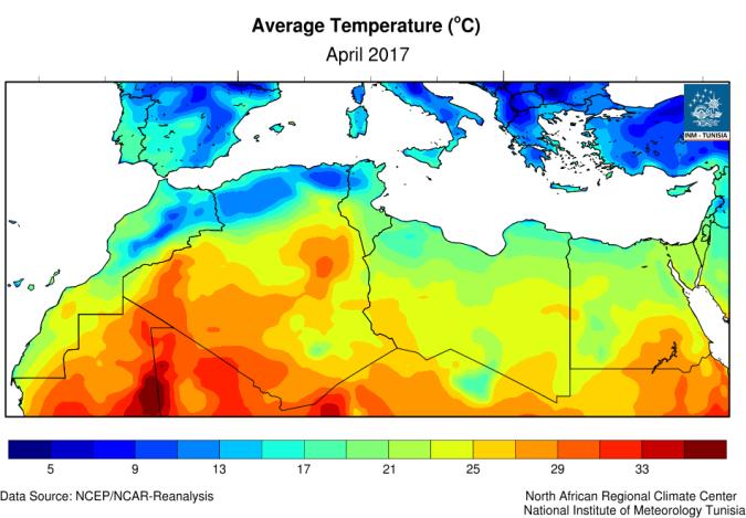 North Africa During the month of April 2017, registered temperatures were above normal over the central and western region of the North African Domain.