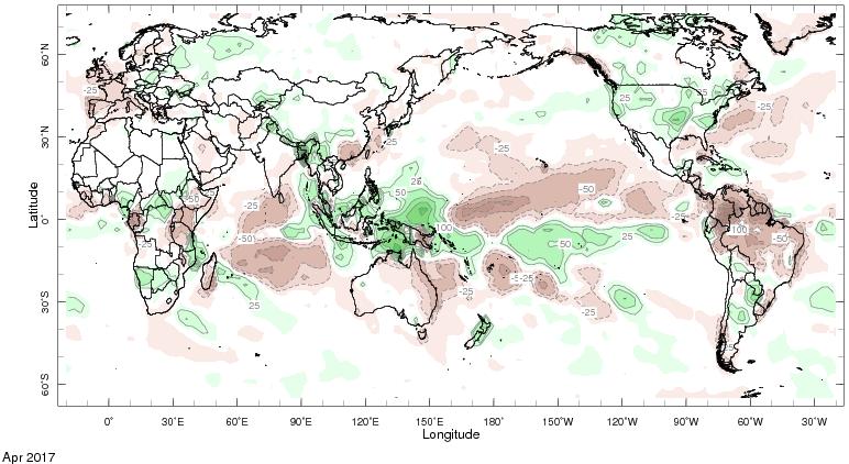 4. Precipitation anomalies Global In connection with the velocity potential anomalies mentioned above, there was a deficit of precipitation over the Indian Ocean and an excess over the Maritime