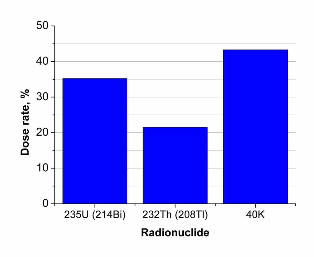 Fig. 7. Relative contribution to total adsorbed dose rate (ngy.