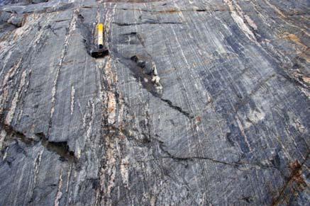 show: a) a typical example of banded amphibolite with local