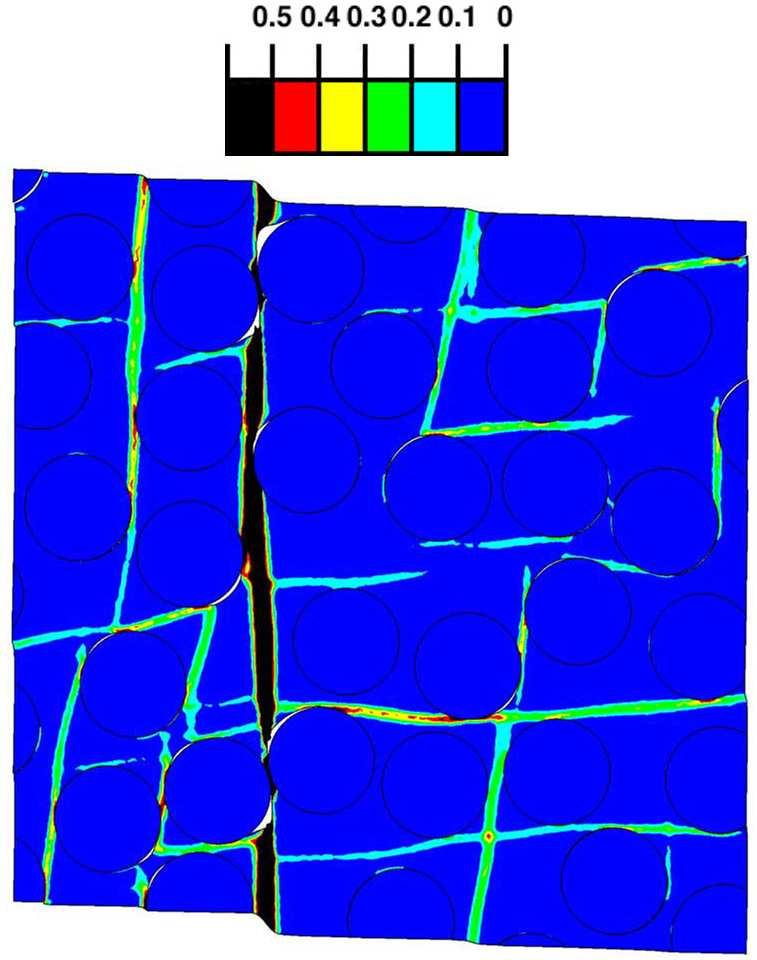 Fig. 5. Contour plot of the accumulated plastic strain in the composite with a strong interface subjected to pure shear. The applied strain was 7.1%.