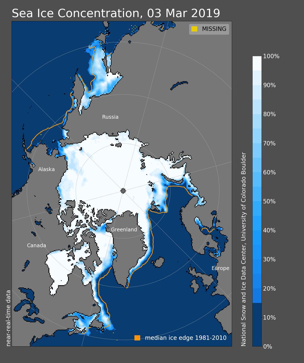 Figure 5: Daily Arctic Sea Ice concentration, March 3, 2019, median ice edge for the 1981-2010 reference period in yellow. Very low sea ice concentration in the Bering Sea. Image: NSIDC (nsidc.