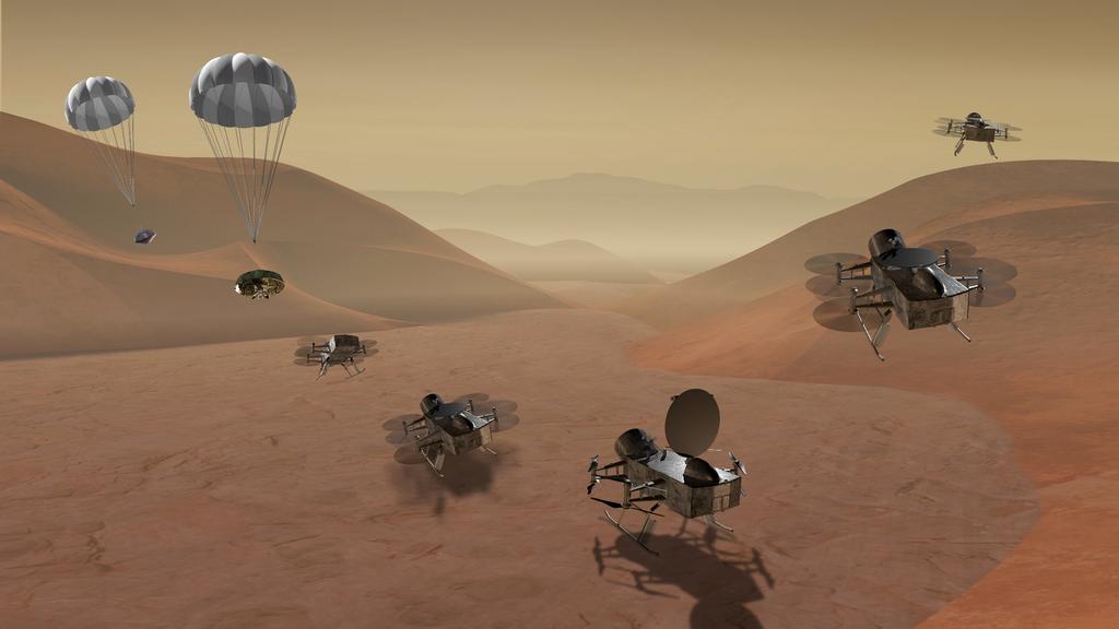 Dragonfly Dragonfly is a dual-quadcopter rotorcraft lander to explore prebiotic chemistry and habitability at dozens of sites on Saturn s moon Titan Aerial mobility provides access to Titan's diverse