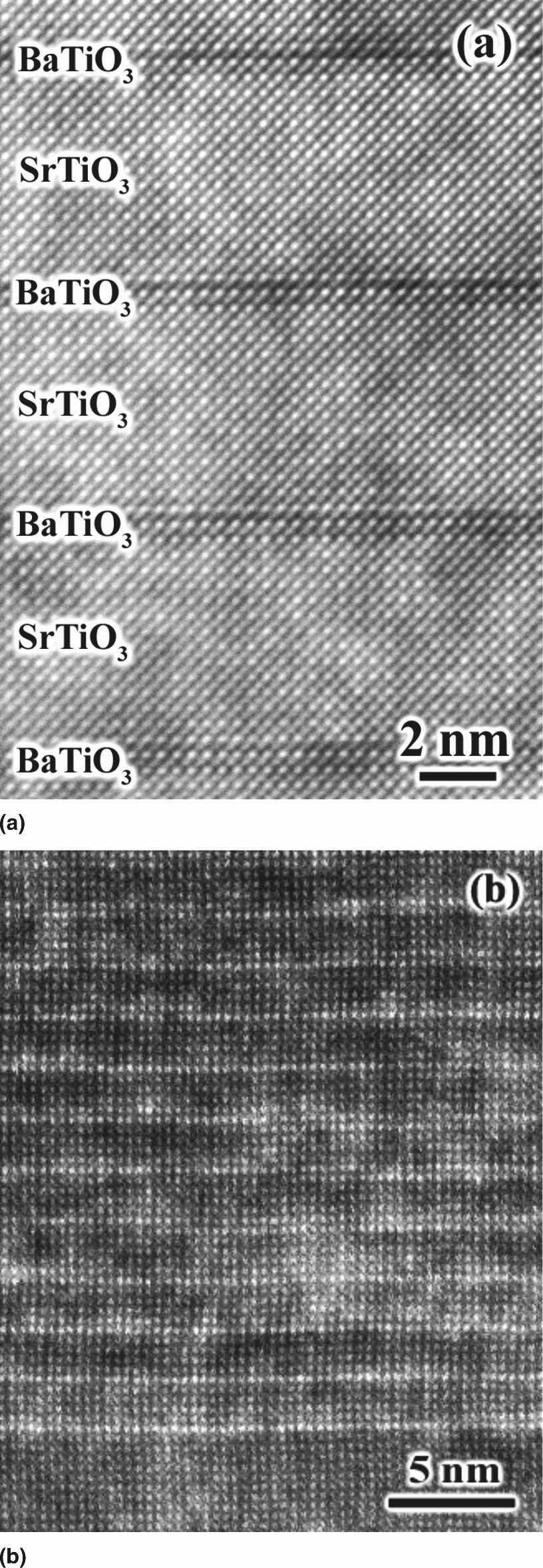 Unlike the partially relaxed [(BaTiO 3 ) 8 /(SrTiO 3 ) 4 ] 40 superlattice, no threading dislocations were observed in the commensurate [(BaTiO 3 ) n /(SrTiO 3 ) m ] p superlattices studied by HRTEM.