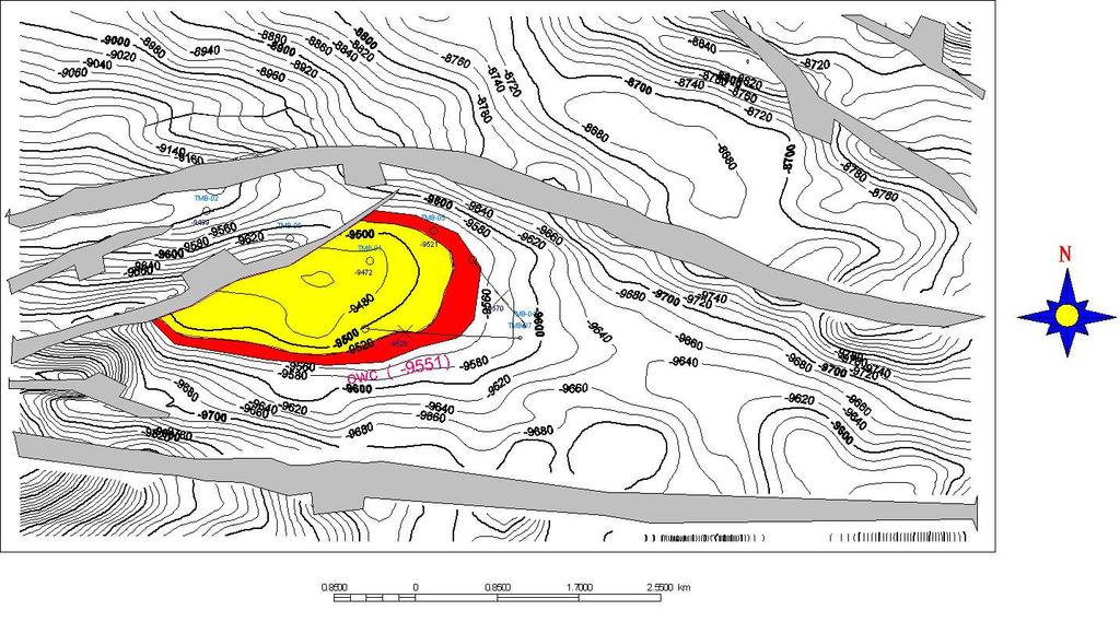 Figure 9a; Sand D Top structural depth map showing identified oil Zones Oil
