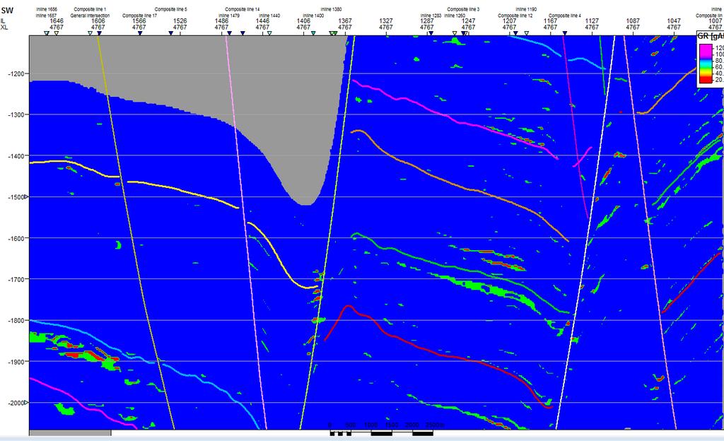 C location of seismic line C Ji-Fi Facies Red gas Green oil Based on the EEI response the sand thickness of this feature is about 40m, 120 ft.
