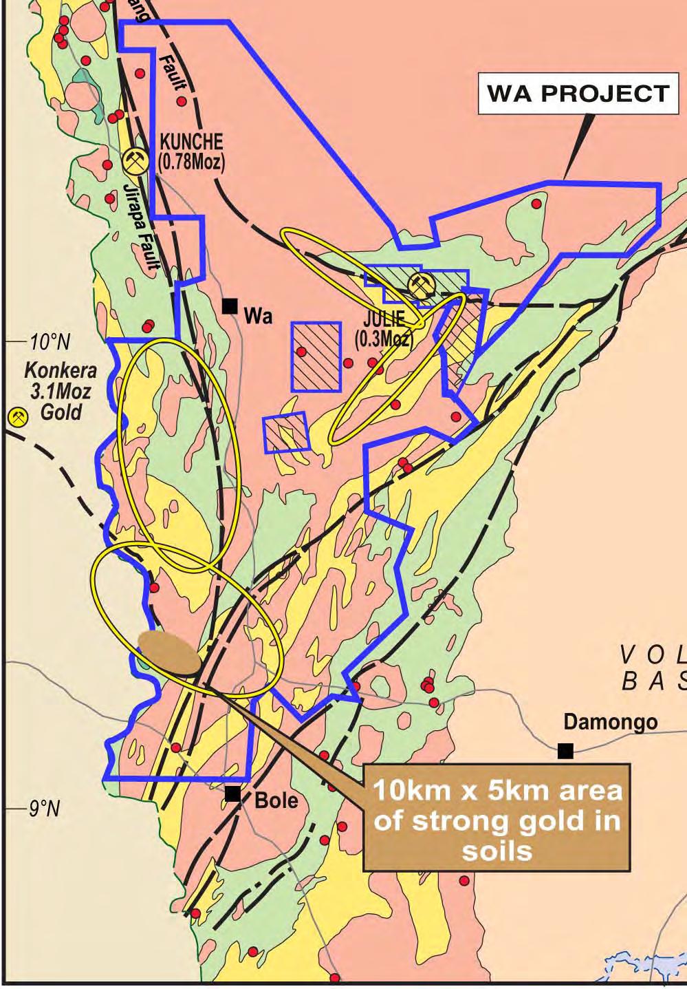Wa South Intersection of Wa-Lawra and Bolgatanga greenstone belts Extension of Batie West structure No pre Castle drilling Soil anomaly confirmed and