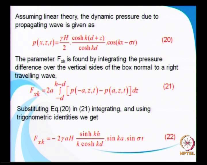 (Refer Slide Time: 06:48) So, now, we know that based on the linear airy s theory, the dynamic pressure due to a propagating width is given by equation 20.