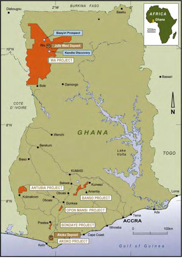 Project Locations Largest land holder in Ghana 6 exploration projects covering ~11,000 km 2 Two gold discoveries in