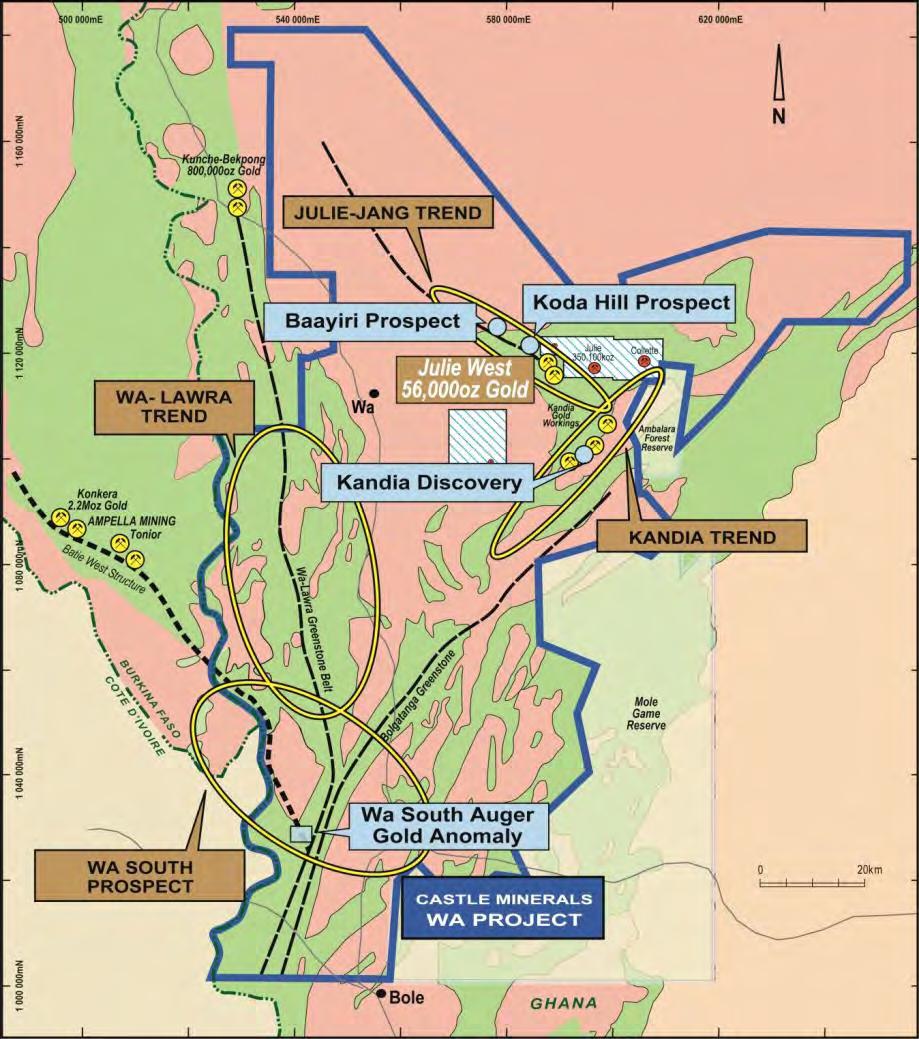 Wa Project ~10,000km 2 Good title - 3 RL s, 18 PL s/pla s No historic minerals exploration drilling Julie West defined