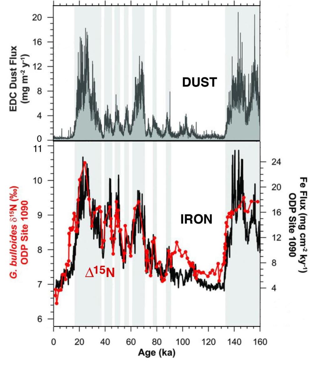 Figure 3. Record of dust rain over the Antarctic ice cap compared with those for the flux of iron and the 15 N in Southern Ocean sediment.