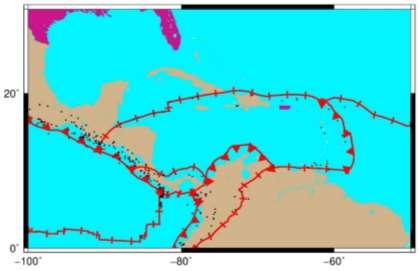 Figure 6 The Caribbean plate. (top) The thick red lines show plate boundaries and the black dots show earthquakes of Mw > 6.0 that have occurred 1990 2018.