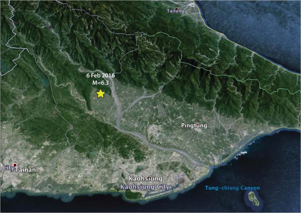 The Chaochou fault marks the razor-sharp boundary between the Central Ranges at the top of this oblique Google Earth image from the Pingtung Plain in the center.