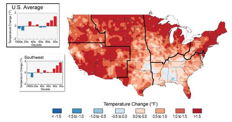 Changes in temperature from 1991 to 2012 (22 yrs) compared to the 1901-1960 average (bars are